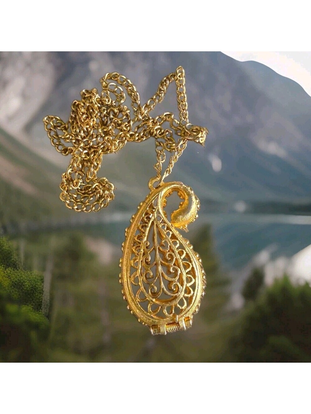 Vintage Long Rare Paisley Filigree Goldtone Locket Pendant On 28" Chain